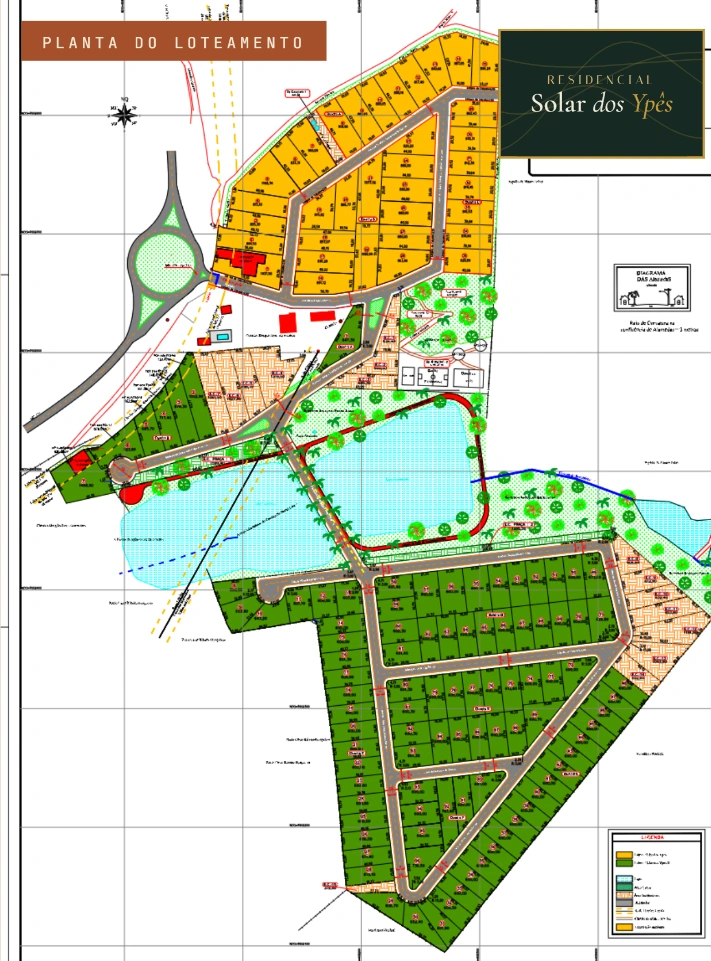 Planta de implantação do Solar dos Ypês, com lotes, vias e lagos