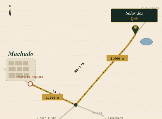 Mapa ilustrativo do acesso ao Solar dos Ypês pela BR-267 e MG-179, em Machado